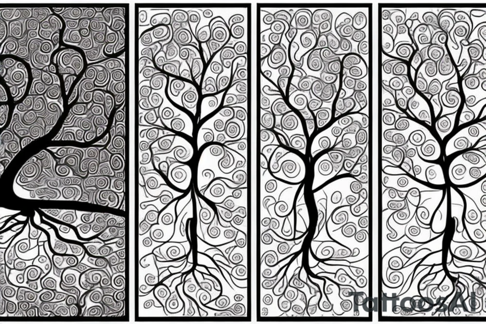 an oak tree in fall with roots. black, brown, and red tree of life spirals tattoo idea