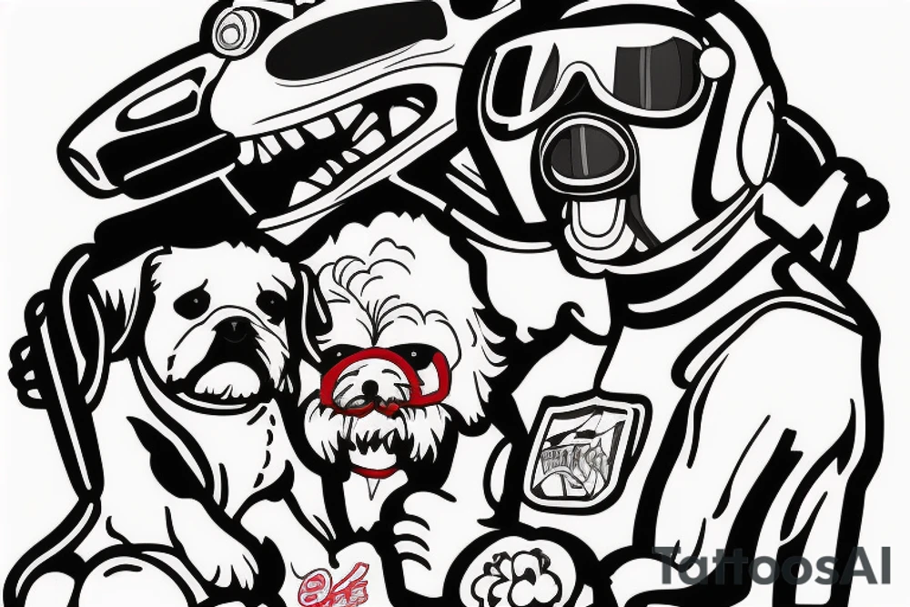 The Stig in his white racing suit driving a convertible while an evil looking white Maltese dog rides as copilot on his right shoulder. Do this in the style of tattoo flash art with a limited palette of black, white, red, and gold tattoo idea