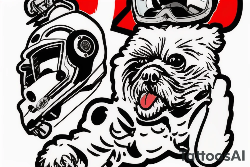 The Stig in his white racing suit driving a convertible while an evil looking white Maltese dog rides as copilot on his right shoulder. Do this in the style of tattoo flash art with a limited palette of black, white, red, and gold tattoo idea