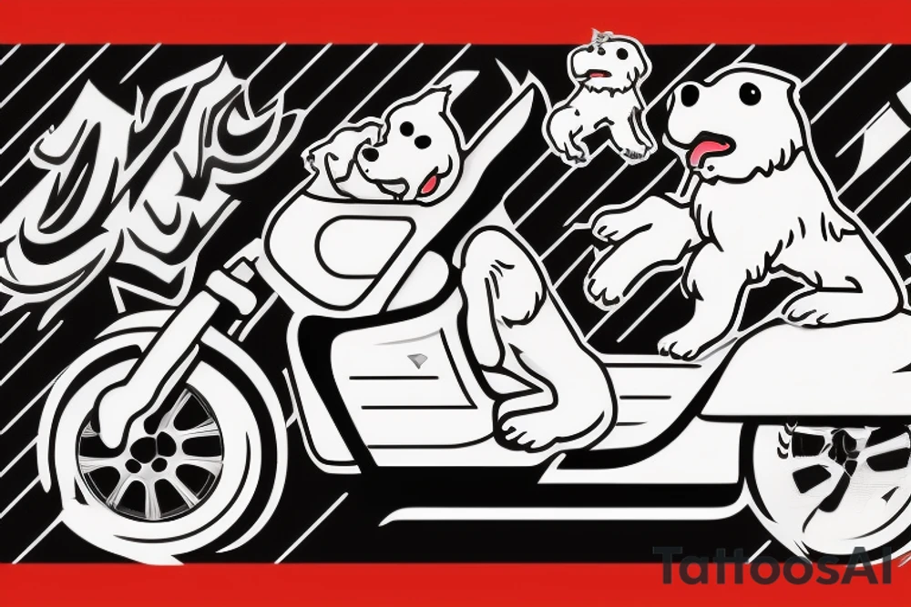 The Stig in his white racing suit driving a convertible while an evil looking white Maltese dog rides as copilot on his right shoulder. tattoo idea