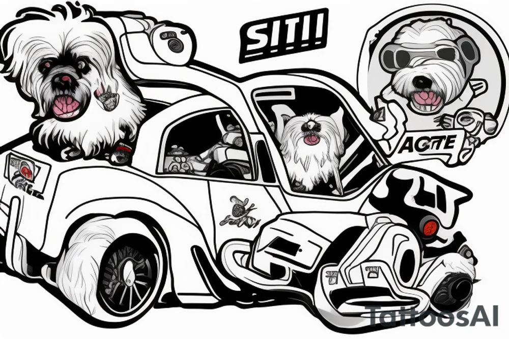 The Stig in his white racing suit driving a convertible while an evil looking white Maltese dog rides as copilot on his right shoulder. tattoo idea