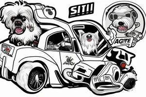 The Stig in his white racing suit driving a convertible while an evil looking white Maltese dog rides as copilot on his right shoulder. tattoo idea