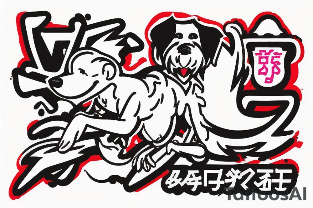 A man wearing a white racing suit with an angry Maltese dog on his shoulder tattoo idea