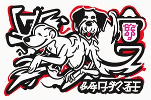 A man wearing a white racing suit with an angry Maltese dog on his shoulder tattoo idea