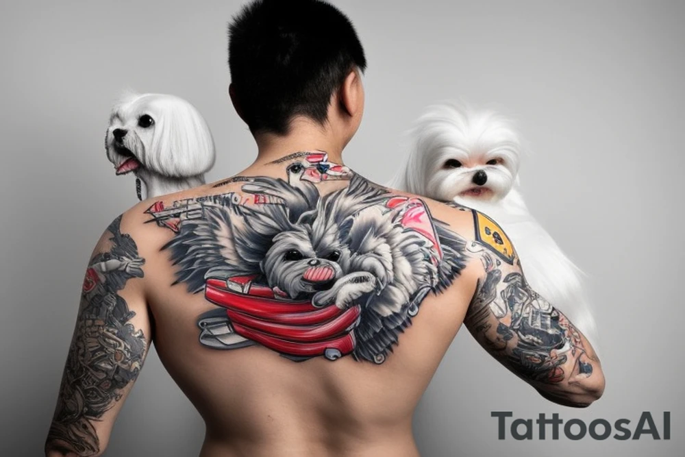 A man wearing a white racing suit with an angry Maltese dog on his shoulder tattoo idea