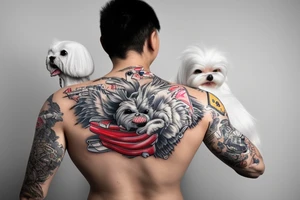 A man wearing a white racing suit with an angry Maltese dog on his shoulder tattoo idea