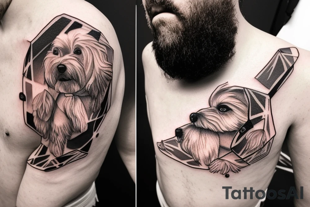 A man wearing a white racing suit with an angry Maltese dog on his shoulder tattoo idea