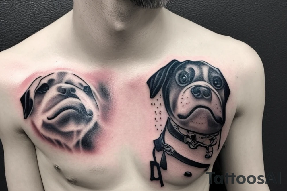 A man wearing a white racing suit with an angry Maltese dog on his shoulder tattoo idea