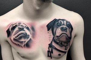 A man wearing a white racing suit with an angry Maltese dog on his shoulder tattoo idea