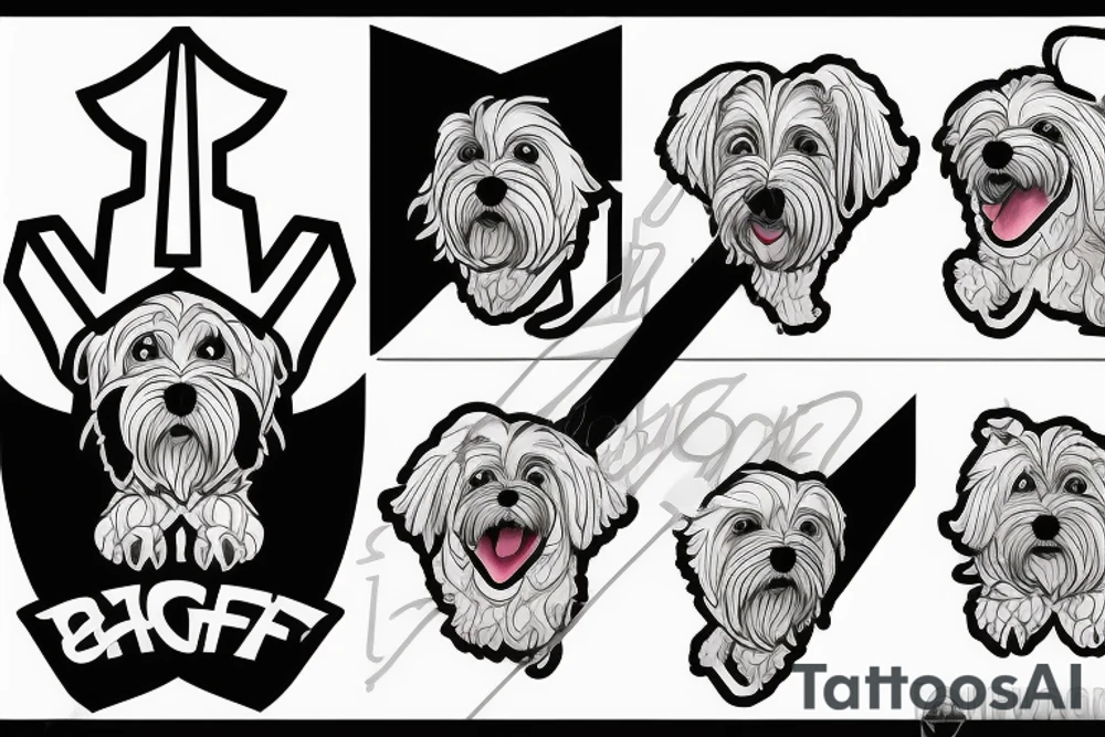 A man wearing a white racing suit with an angry Maltese dog on his shoulder tattoo idea