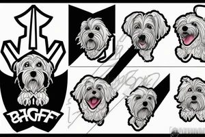 A man wearing a white racing suit with an angry Maltese dog on his shoulder tattoo idea