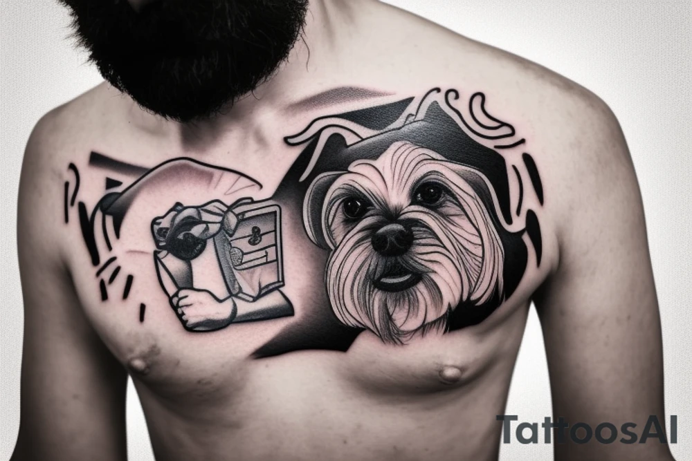 A man wearing a white racing suit with an angry Maltese dog on his shoulder tattoo idea