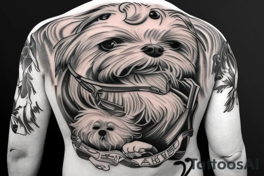 A man wearing a white racing suit with an angry Maltese dog on his shoulder tattoo idea