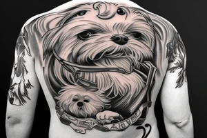 A man wearing a white racing suit with an angry Maltese dog on his shoulder tattoo idea