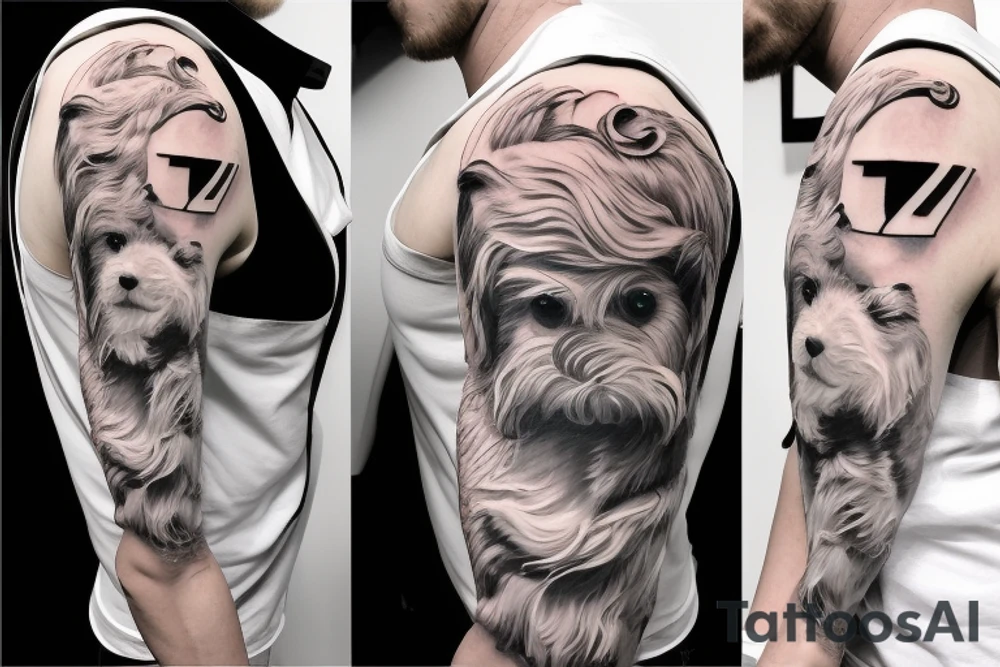 A man wearing a white racing suit with an angry Maltese dog on his shoulder tattoo idea