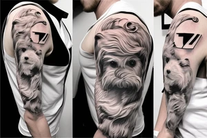 A man wearing a white racing suit with an angry Maltese dog on his shoulder tattoo idea