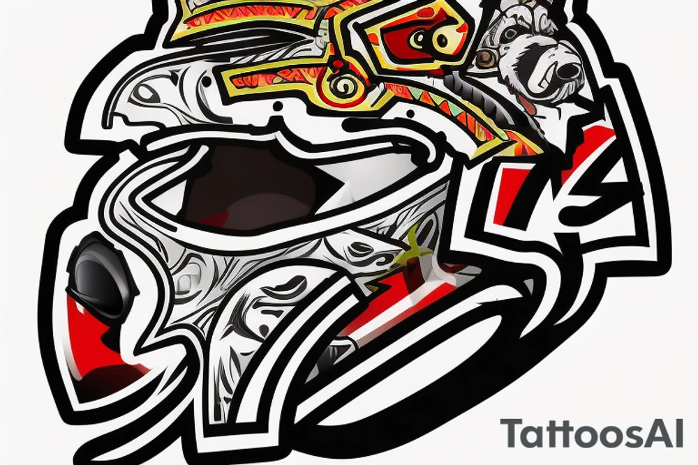 An angry Maltese dog on an auto racing helmet. tattoo idea