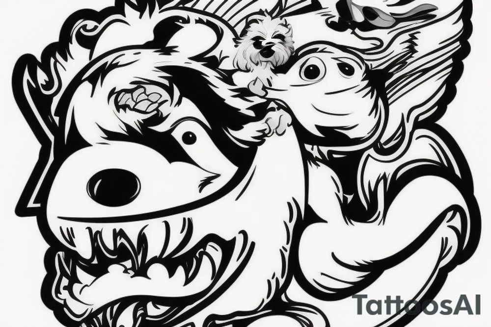 An angry Maltese dog riding on top of 
an auto racing helmet. tattoo idea