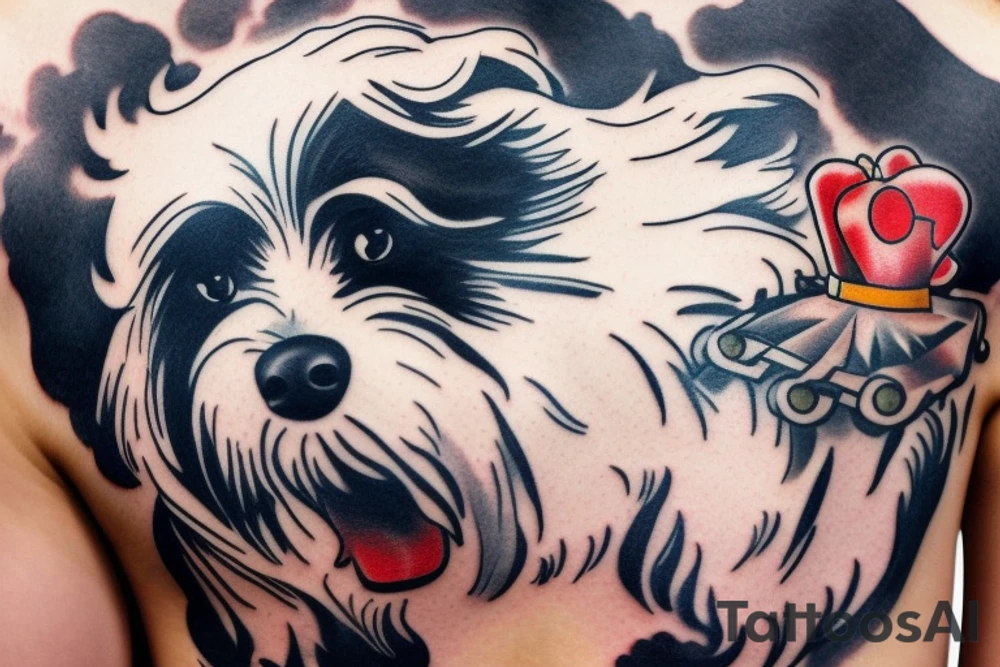 An angry Maltese dog riding on top of 
an auto racing helmet. tattoo idea