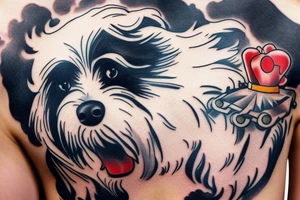 An angry Maltese dog riding on top of 
an auto racing helmet. tattoo idea