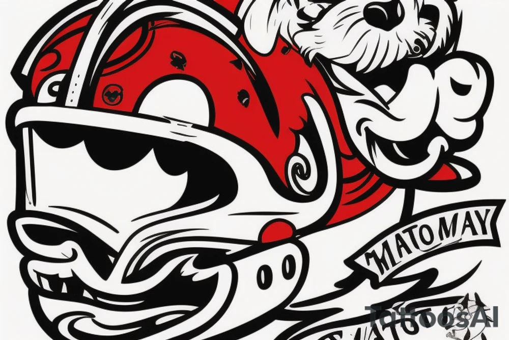 An angry Maltese dog riding on top of 
an auto racing helmet. tattoo idea