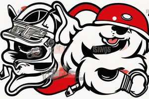 Maltese dog riding on top of 
an auto racing helmet. tattoo idea