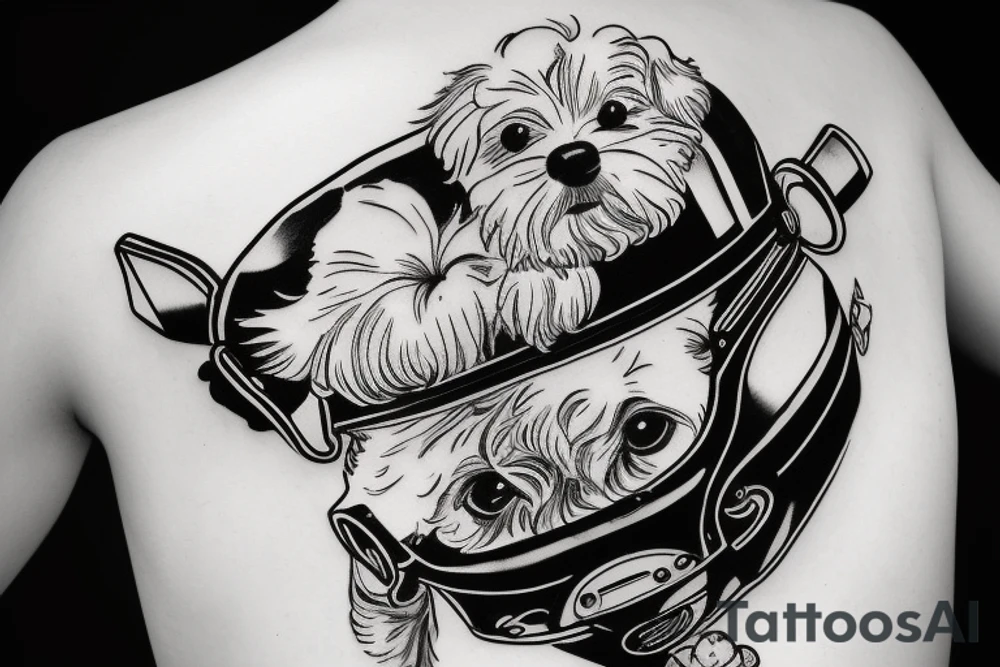 Maltese dog riding on top of
an auto racing helmet. tattoo idea