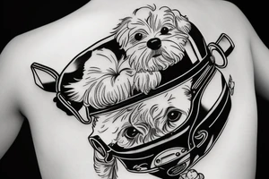Maltese dog riding on top of 
an auto racing helmet. tattoo idea