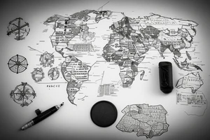 blank map of africa with different iconic items linking each of the following cities or countries ie. South Africa, Prague< Gibraltar, Israel and Germany tattoo idea