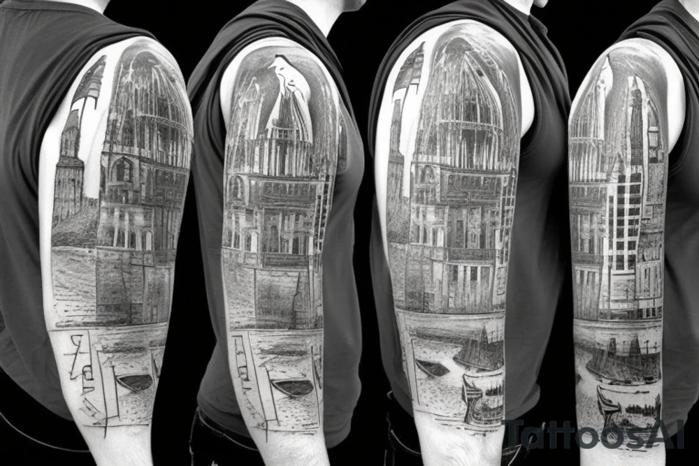 iconic landmarks from Prague, South Africa, Germany, Israel and Gibraltar all linked together in one large tattoo tattoo idea