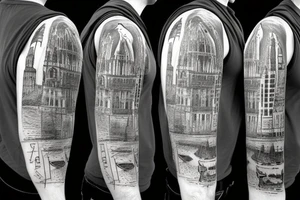 iconic landmarks from Prague, South Africa, Germany, Israel and Gibraltar all linked together in one large tattoo tattoo idea