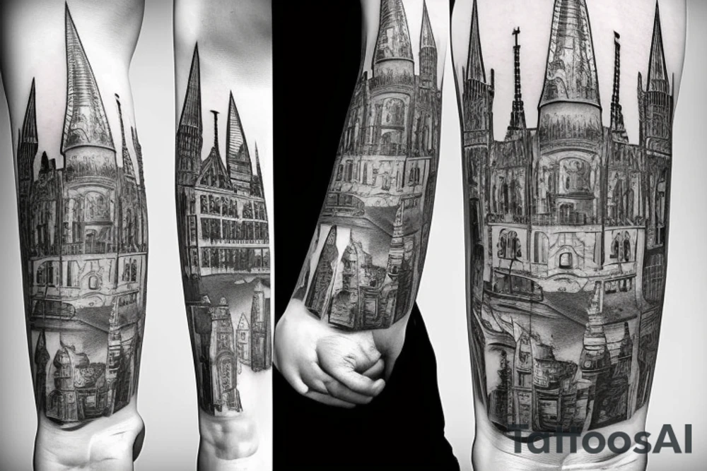 iconic landmarks from Prague, South Africa, Germany, Israel and Gibraltar all linked together in one large tattoo tattoo idea