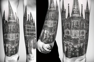 iconic landmarks from Prague, South Africa, Germany, Israel and Gibraltar all linked together in one large tattoo tattoo idea
