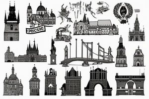 iconic landmarks from Prague, South Africa, Germany, Israel and Gibraltar all linked together in one large tattoo tattoo idea