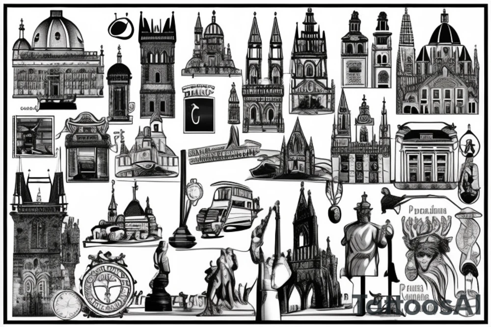iconic landmarks from Prague, South Africa, Germany, Israel and Gibraltar all linked together in one large tattoo tattoo idea