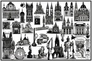 iconic landmarks from Prague, South Africa, Germany, Israel and Gibraltar all linked together in one large tattoo tattoo idea
