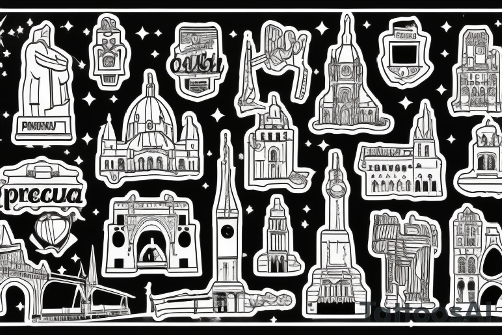 iconic landmarks from Prague, South Africa, Germany, Israel and Gibraltar all linked together in one large tattoo tattoo idea