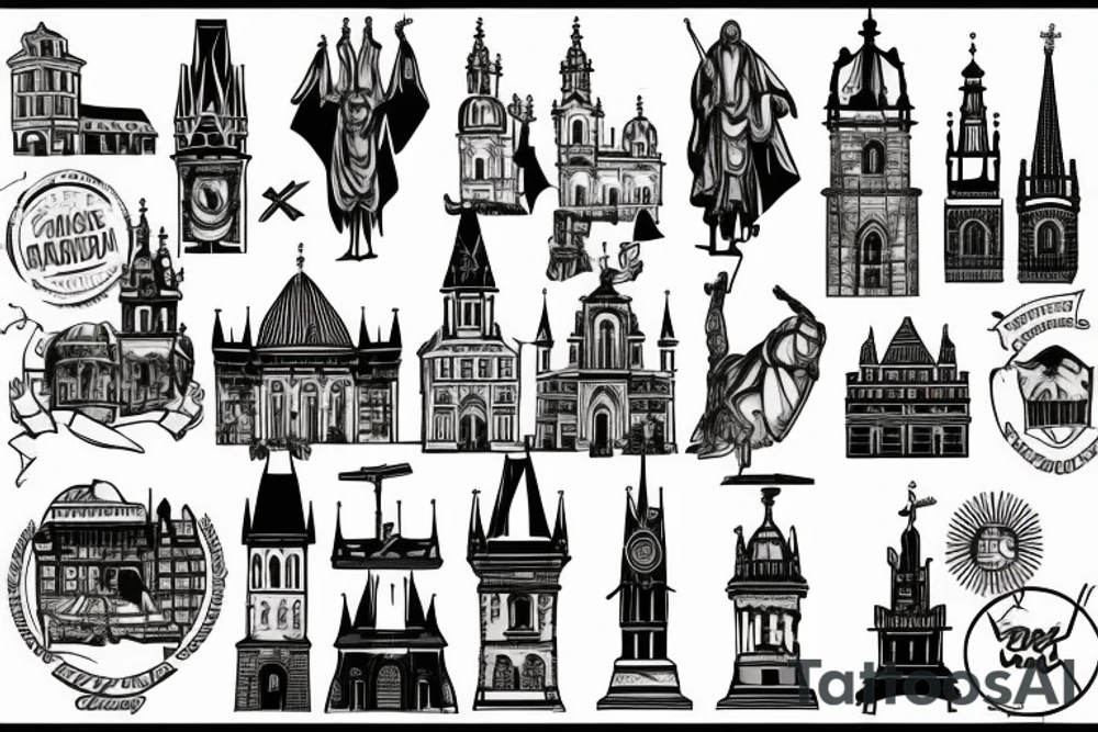 iconic landmarks from Prague, South Africa, Germany, Israel and Gibraltar all linked together in one large tattoo tattoo idea