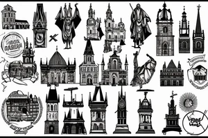iconic landmarks from Prague, South Africa, Germany, Israel and Gibraltar all linked together in one large tattoo tattoo idea