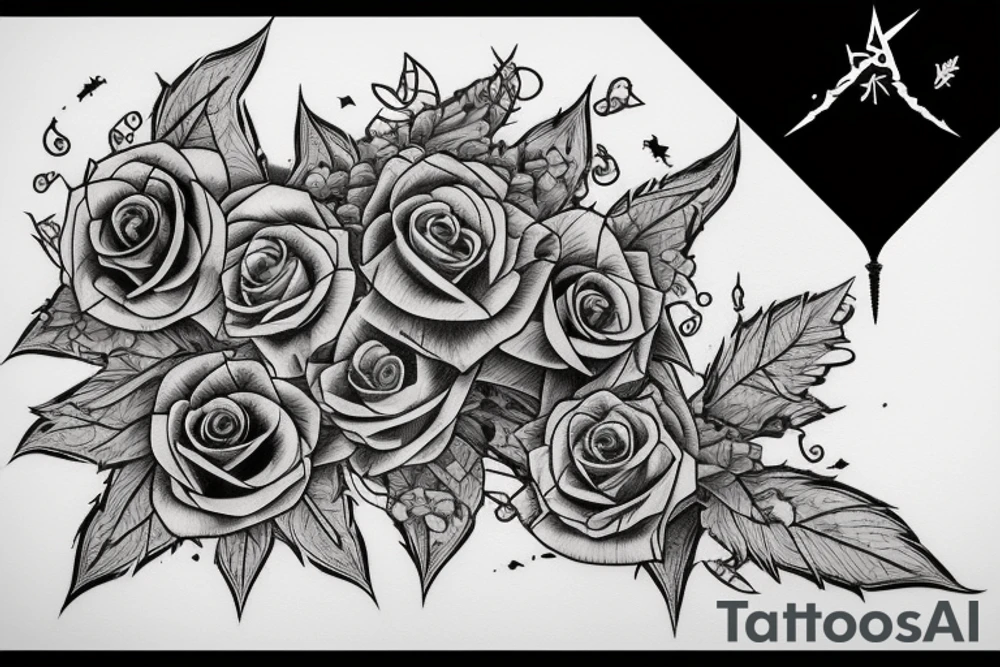 A sword that's broken in the middle but the broken shards stays close with vines surrounding the blade and hilt with three blue roses tattoo idea