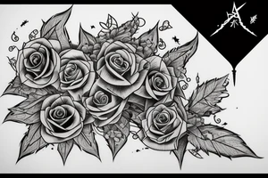 A sword that's broken in the middle but the broken shards stays close with vines surrounding the blade and hilt with three blue roses tattoo idea