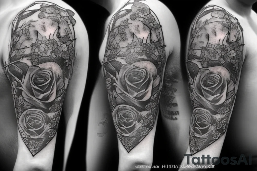 A sword that's broken in the middle but the broken shards stays close with vines surrounding the blade and hilt with three blue roses tattoo idea