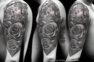 A sword that's broken in the middle but the broken shards stays close with vines surrounding the blade and hilt with three blue roses tattoo idea