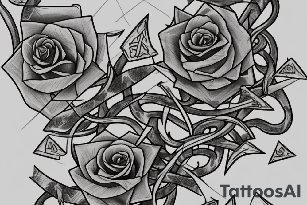A long and thin sword that's broken in the middle of the blade but the broken shards stays close with vines surrounding the blade and hilt with three blue roses tattoo idea