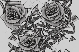 A long and thin sword that's broken in the middle of the blade but the broken shards stays close with vines surrounding the blade and hilt with three blue roses tattoo idea