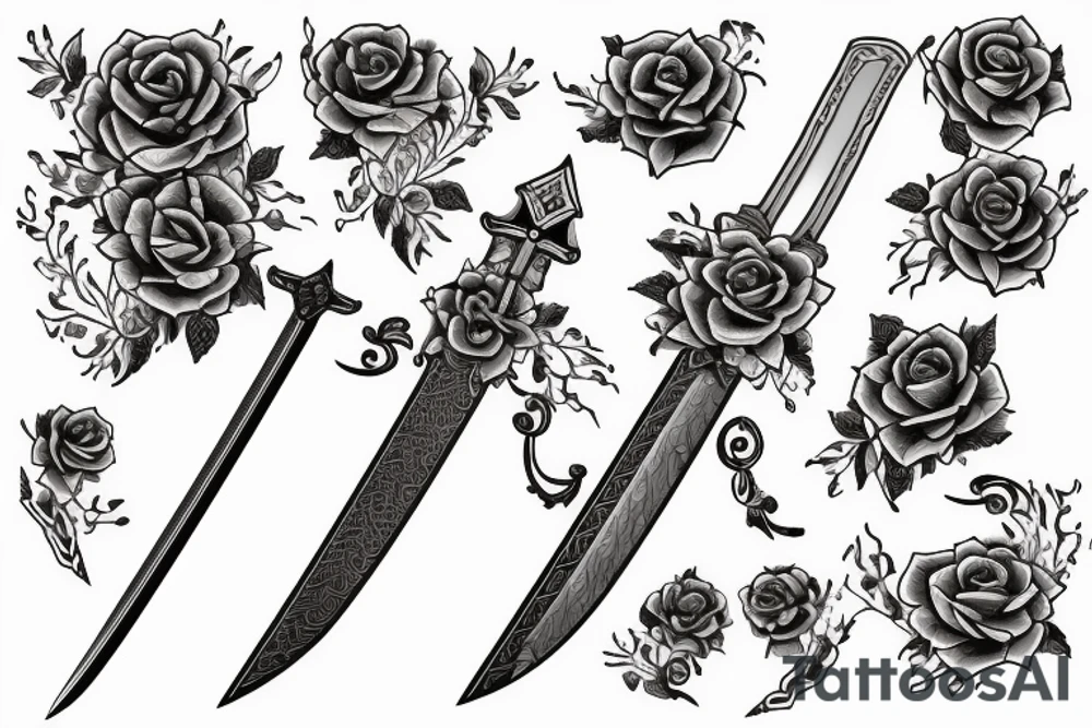 A long and thin sword that's broken in the middle of the blade but the broken shards stays close with vines surrounding the blade and hilt with three blue roses tattoo idea