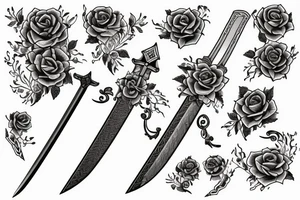 A long and thin sword that's broken in the middle of the blade but the broken shards stays close with vines surrounding the blade and hilt with three blue roses tattoo idea