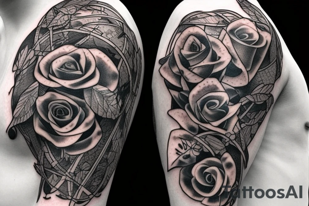 A long and thin sword that's broken in the middle of the blade but the broken shards stays close with vines surrounding the blade and hilt with three blue roses tattoo idea