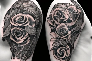 A long and thin sword that's broken in the middle of the blade but the broken shards stays close with vines surrounding the blade and hilt with three blue roses tattoo idea