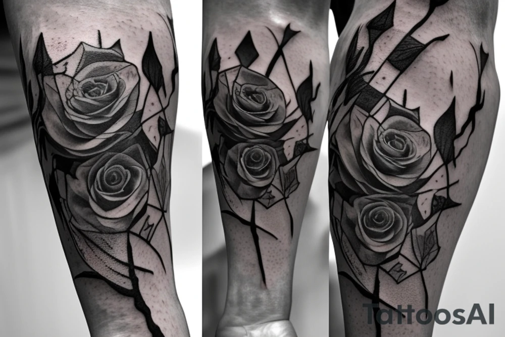 A long and thin sword that's broken in the middle of the blade but the broken shards stays close with vines surrounding the blade and hilt with three blue roses tattoo idea